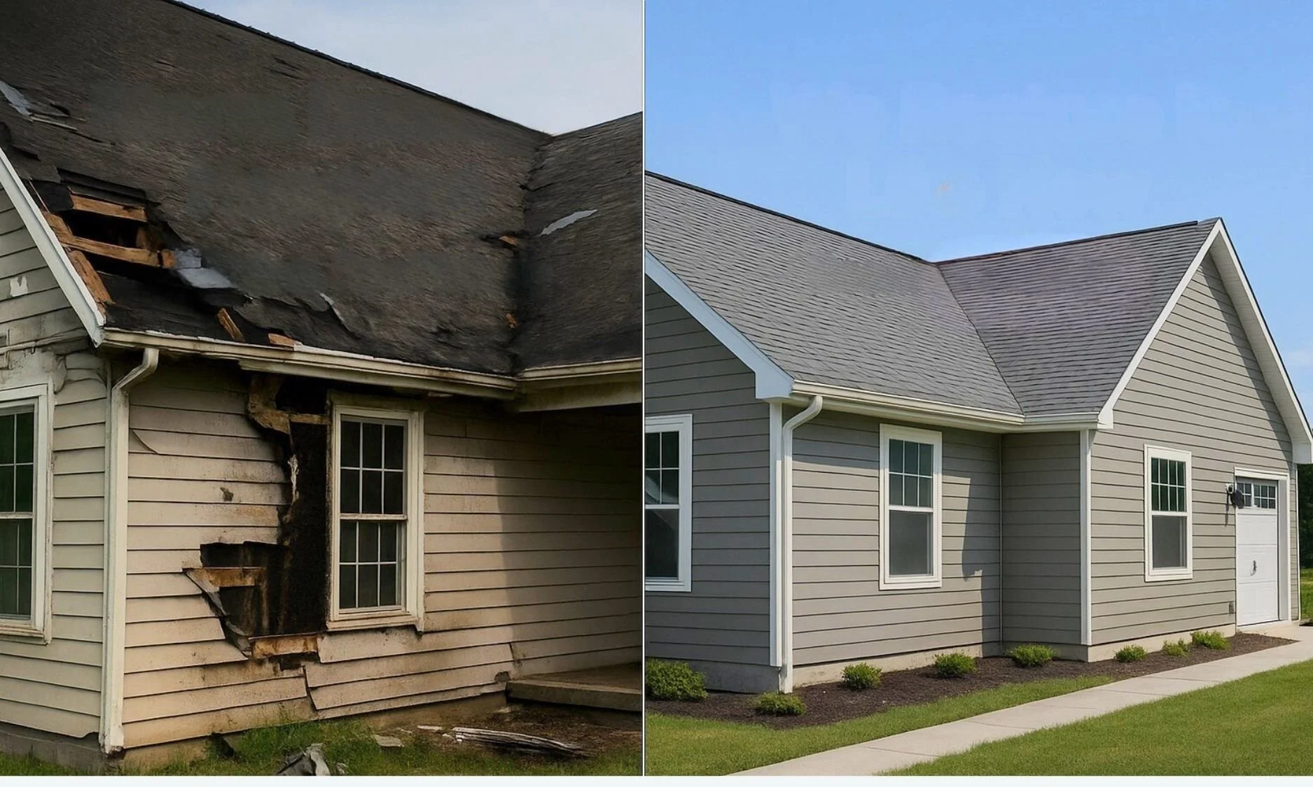 Before and after storm damage home repair showing roof and siding restoration by Built Like A Barn Construction serving Southwest Missouri and Northwest Arkansas