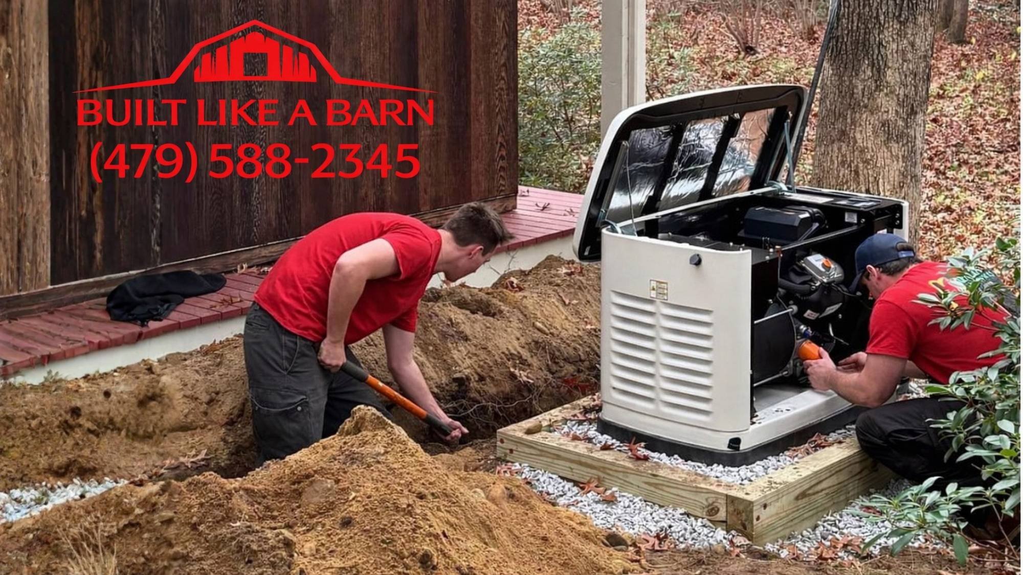 Whole home generator installation showing electrical wiring, gas line connection, and trenching work for a standby generator system in Northwest Arkansas and Southwest Missouri.