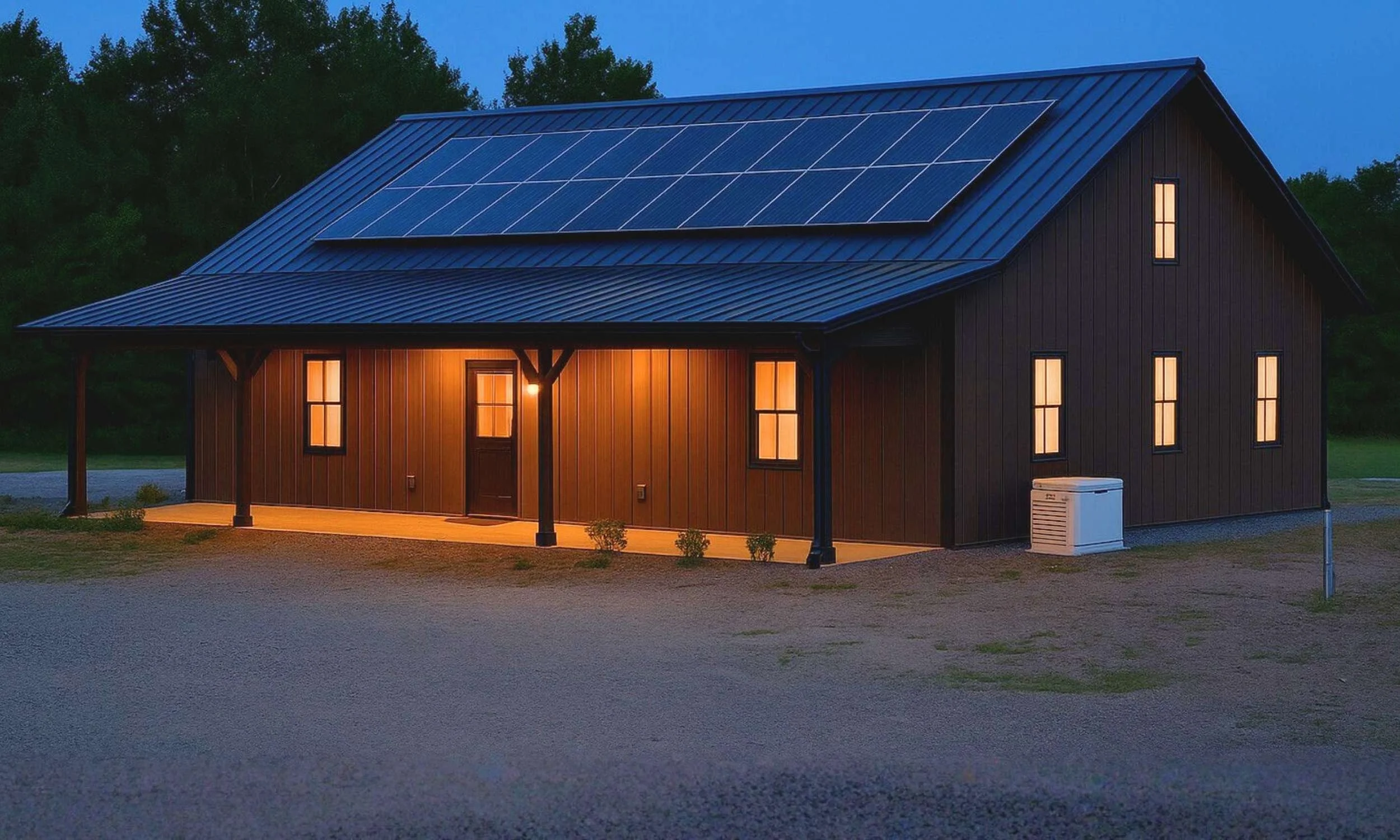Barndominium with rooftop solar panels and whole-home generator installed by Built Like A Barn Construction, providing solar, battery backup, and generator solutions in Missouri and Arkansas