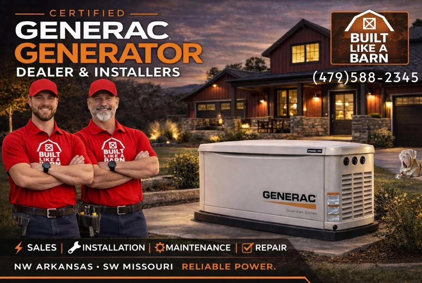 Generac whole ho,e standby generator installed outside a modern barndominium style home providing backup power during outages. Certified Generac generator installation, maintenance, and repair services in Northwest Arkansas and Southwest Missouri