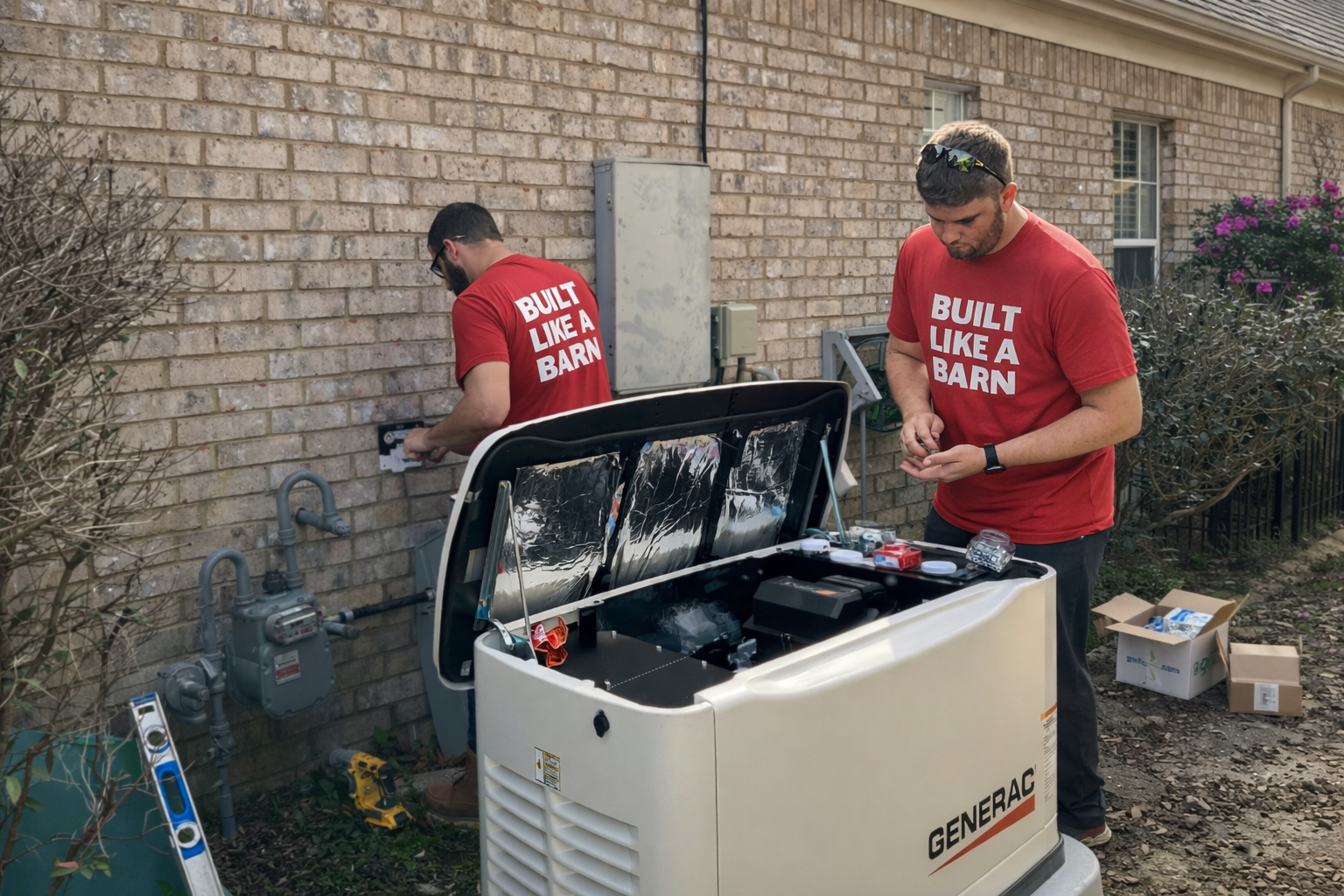 Hybrid home backup power system featuring Generac standby generator and battery storage providing quiet renewable energy backup installed in Northwest Arkansas and Southwest Missouri