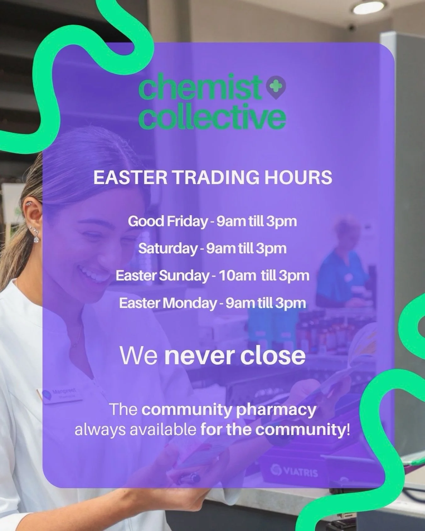 WE NEVER CLOSE! 
The community pharmacy that&rsquo;s always there for the community!
Happy Easter! 🐣