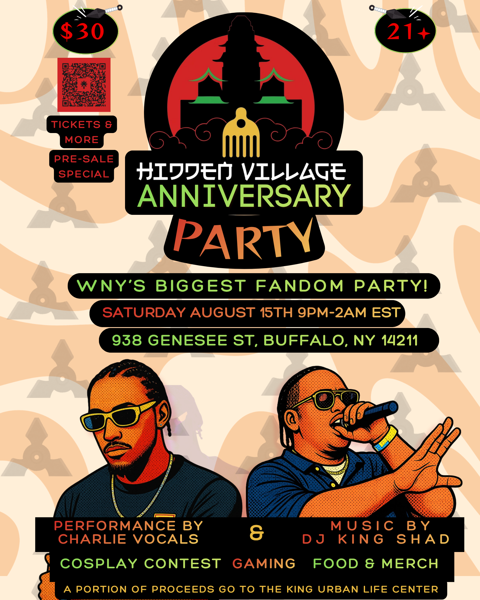 flier for HV's anniversary party, Aug. 15th, 9pm, showing Charlie Vocals and DJ King Shad