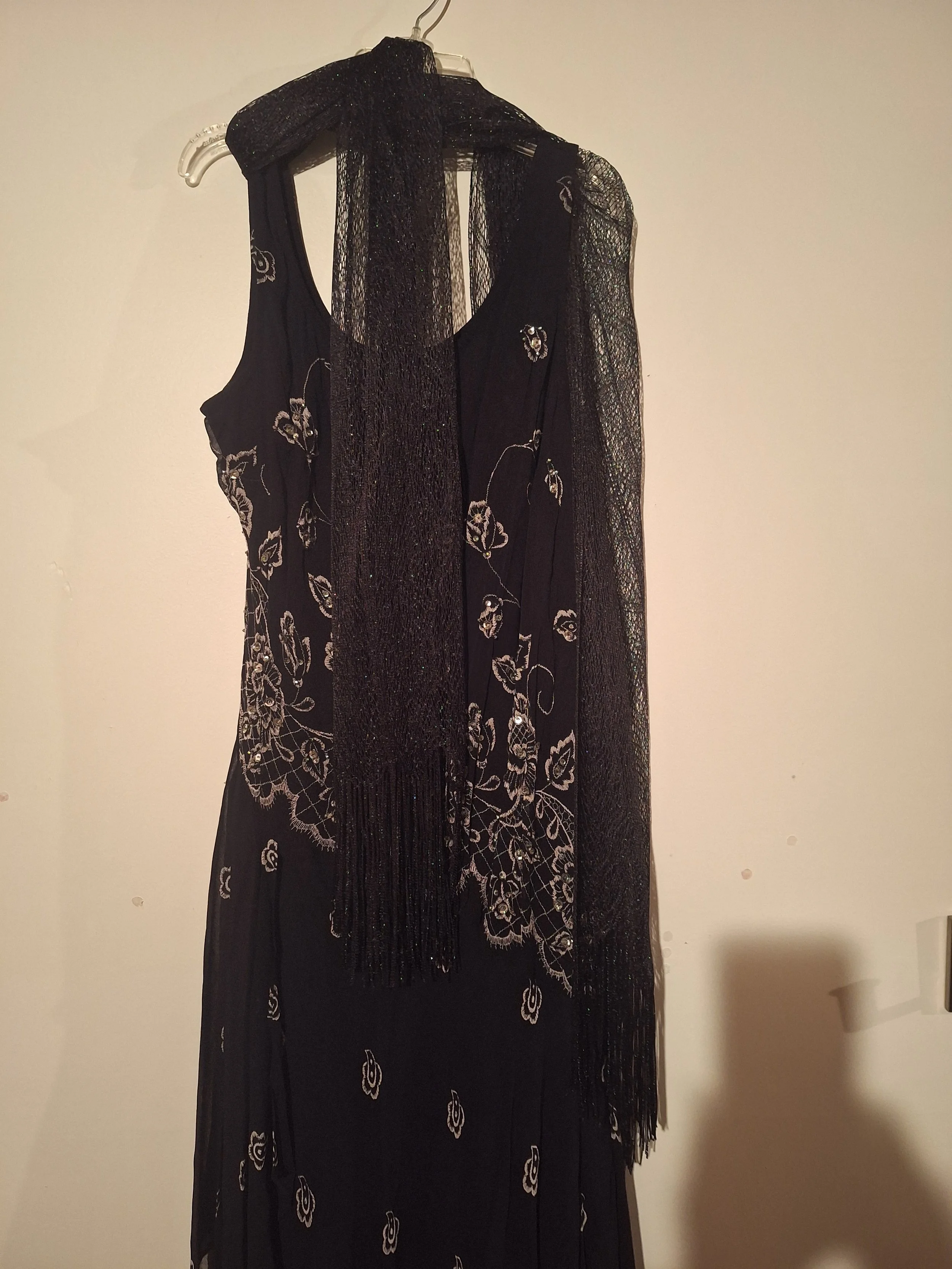Vintage Black Embroidered Evening Dress with Shawl