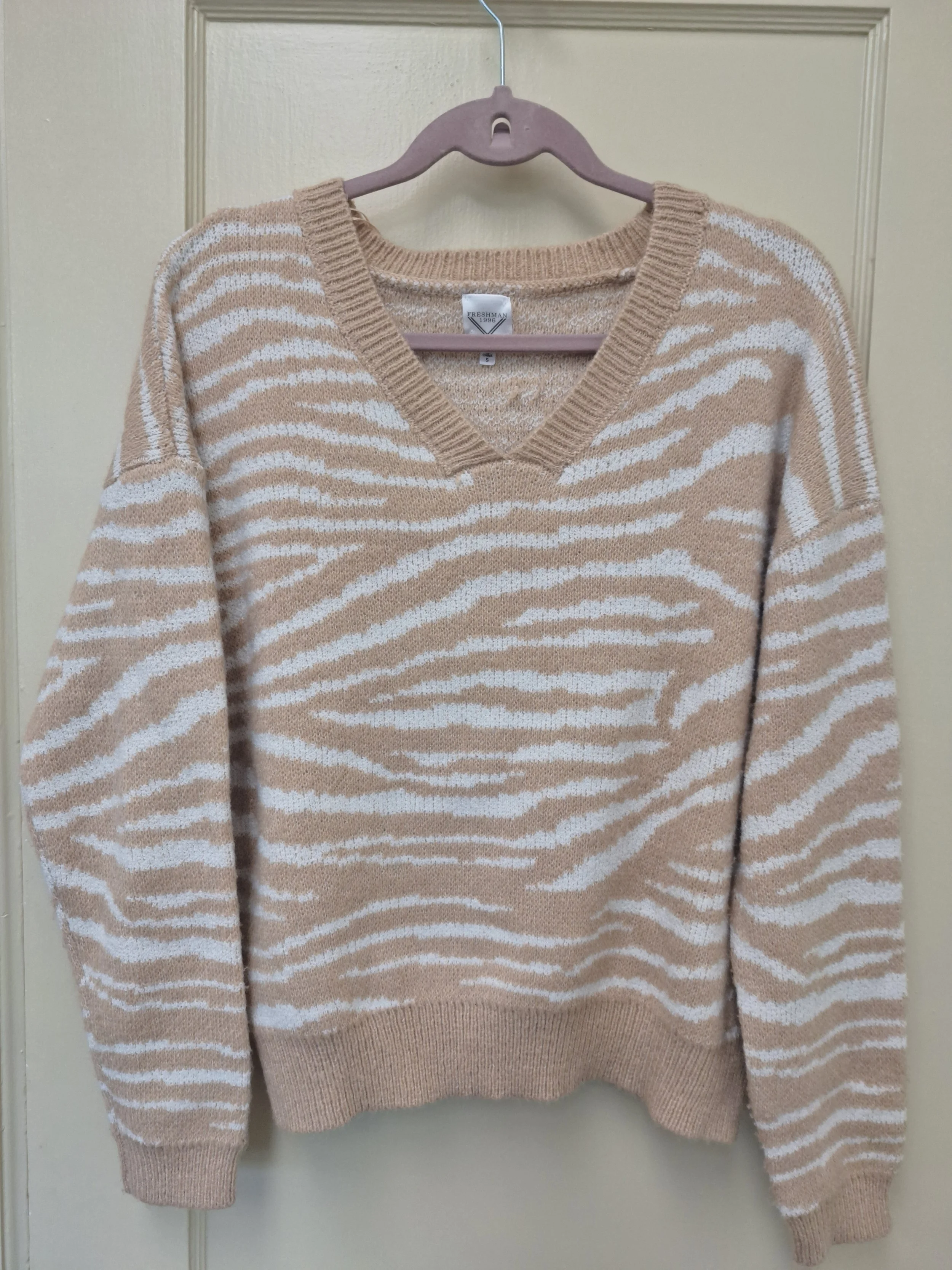 Freshman 1996, Zebra Print Sweater, V-neck, Long Sleeve