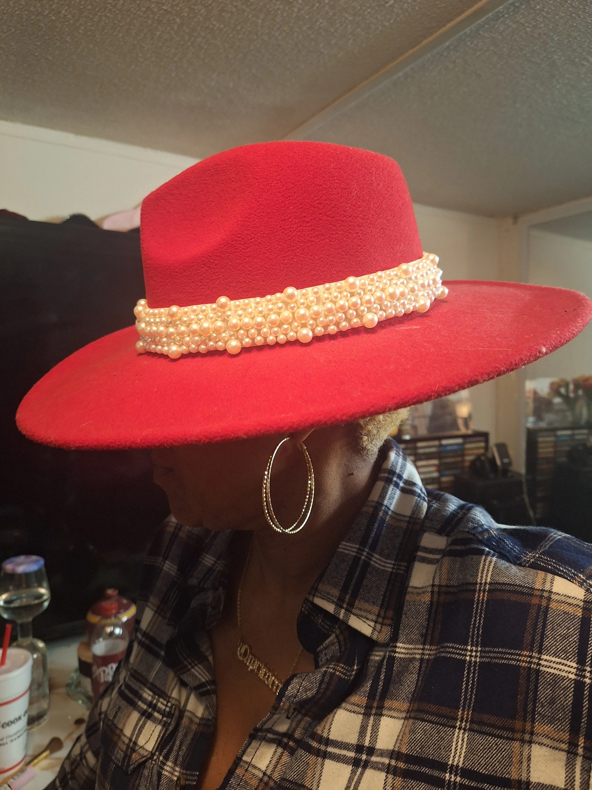 Bold Red Elegance Pearl-Embellished Hat