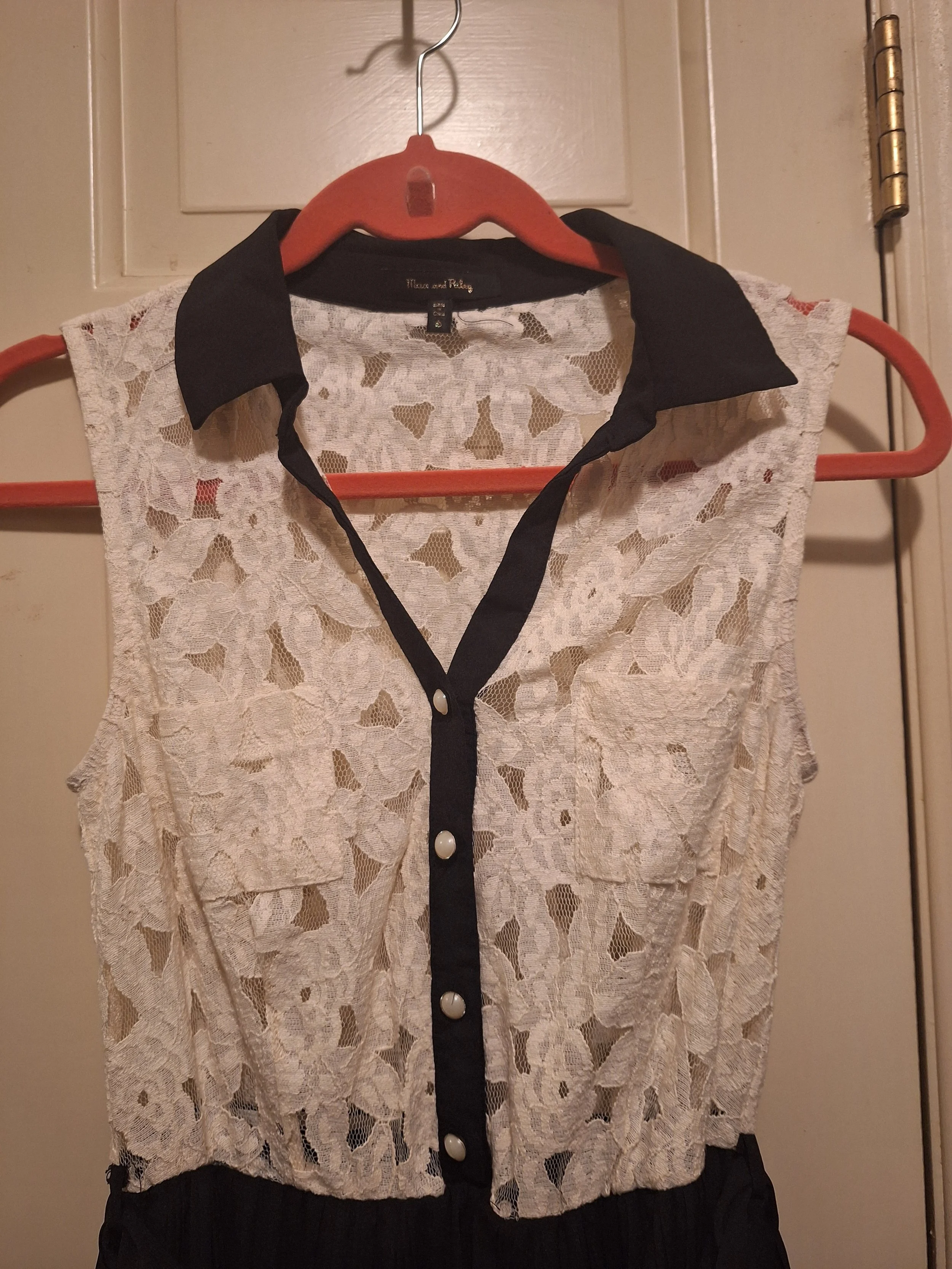 Asos Black Cream Lace Sleeveless Collared Playsuit , Size 8