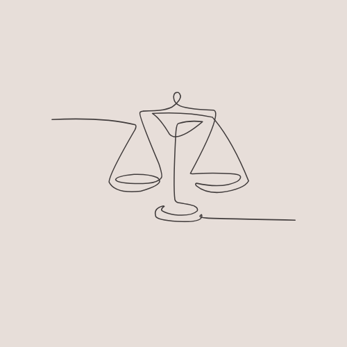 Line art illustration of a balance scale.