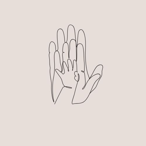 Line drawing of an adult hand holding a baby's hand.