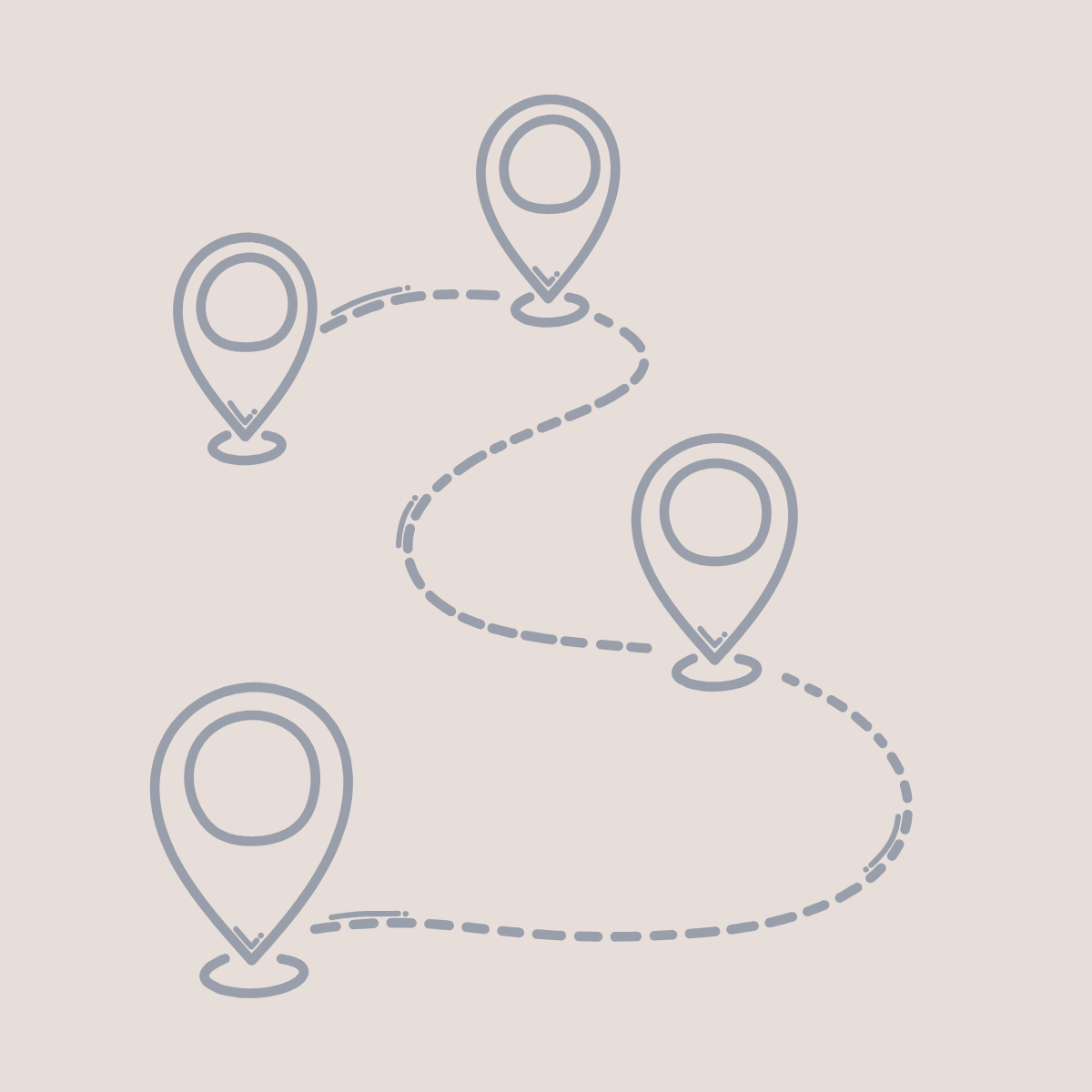 Illustration of a winding dashed line connecting four map pins.