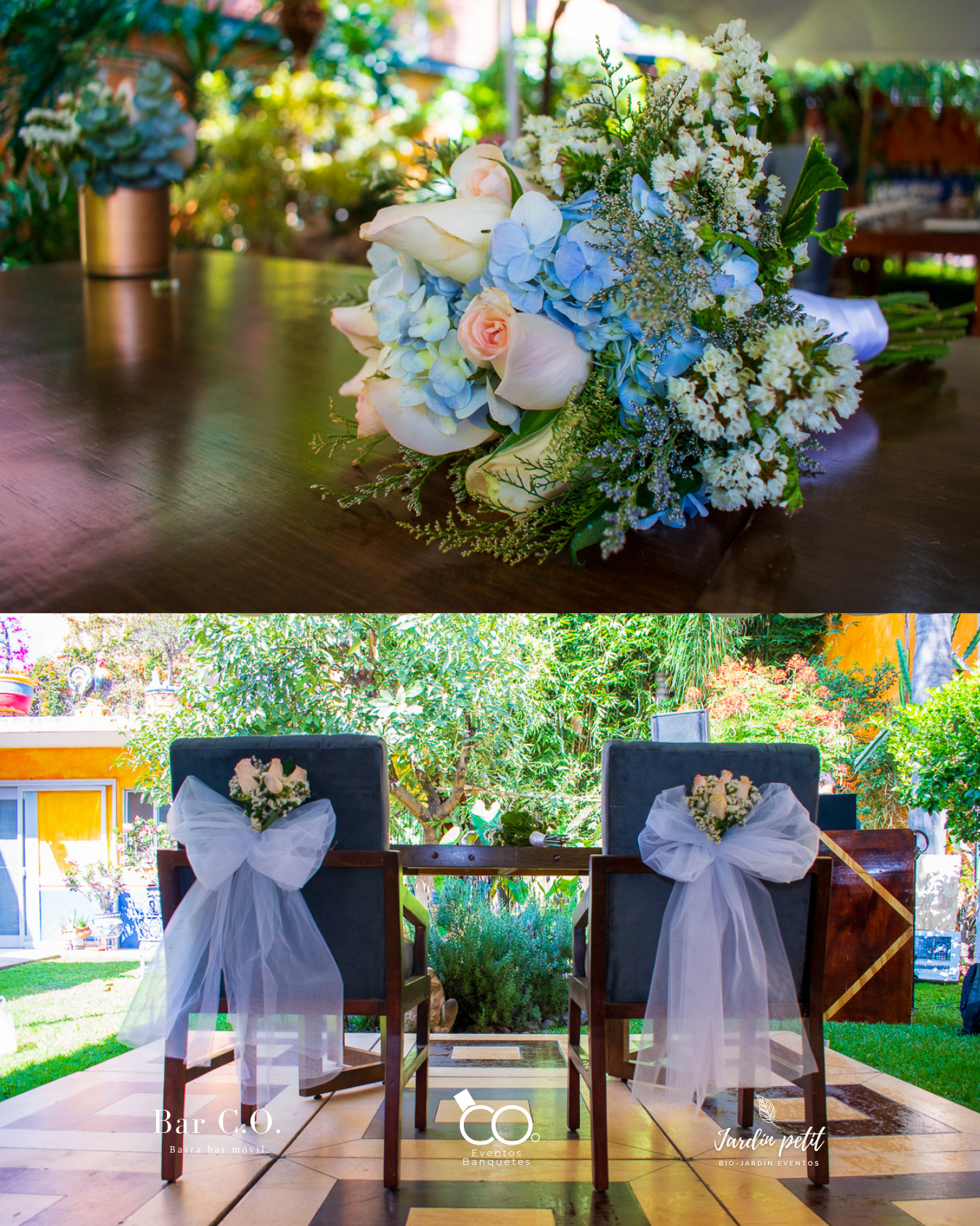 Ramo de novia con flores de temporada para ceremonia civil. / Espacio preparado para ceremonia civil íntima en el jardín.