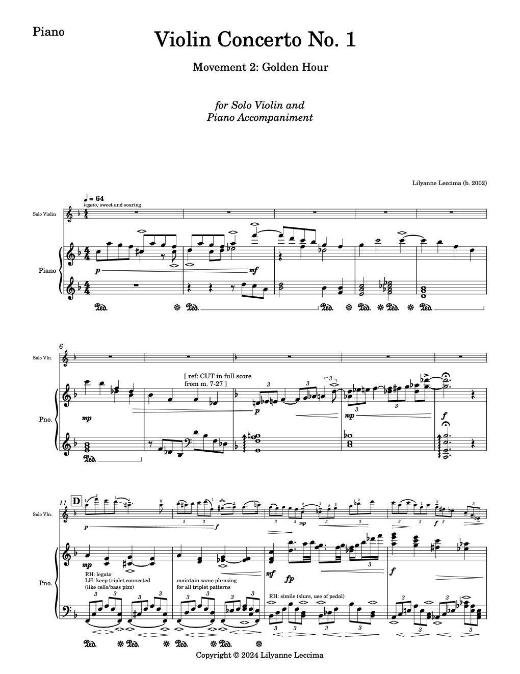 Violin Concerto No. 1, Mvt. 2 (arr. Solo Violin and Piano)