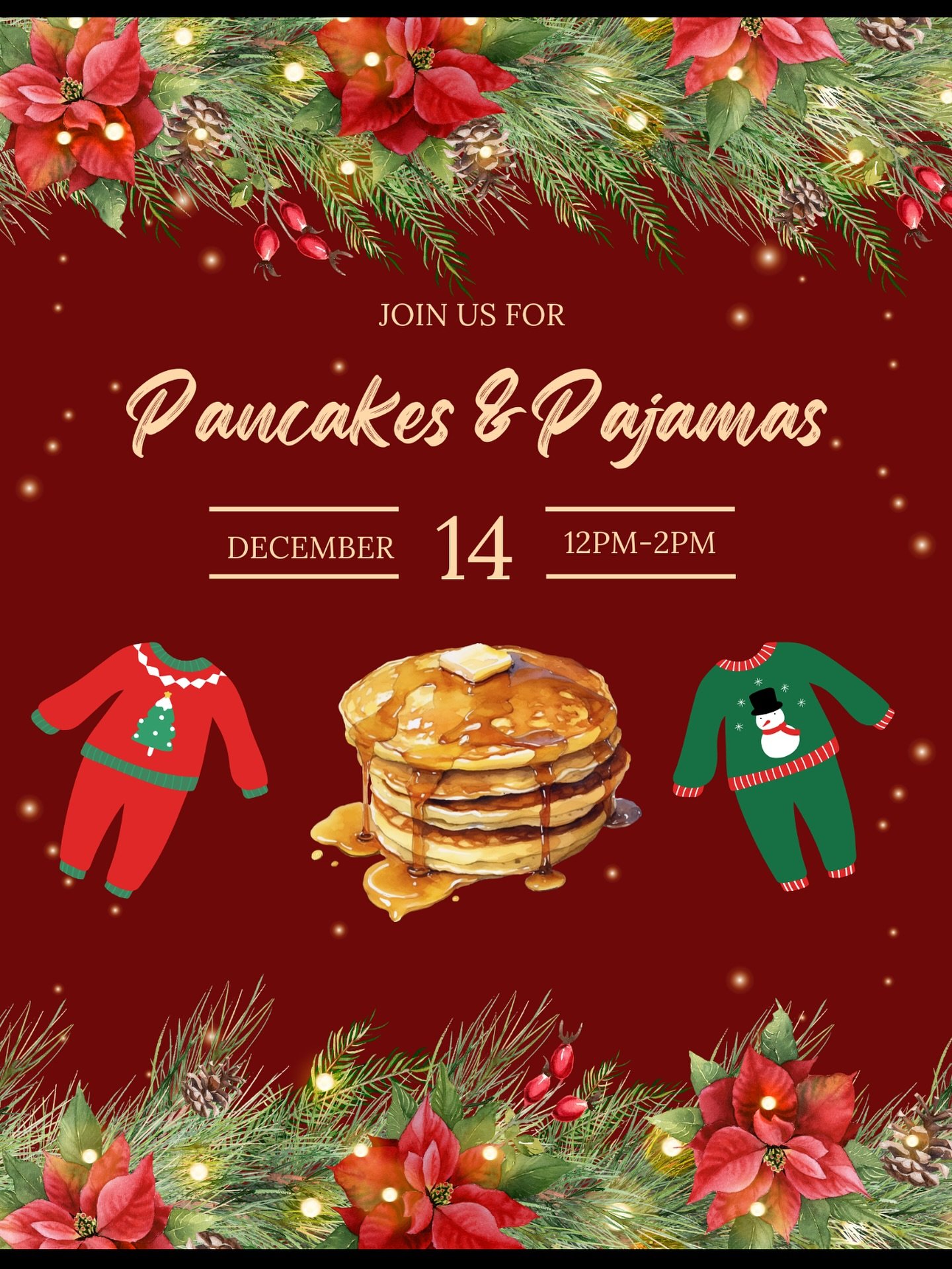 Pancakes &amp; Pajamas Party!
Join us on Sunday, December 14 from 12:00&ndash;2:00 PM at the clubhouse!
Wear your coziest pajamas and come enjoy pancakes, fun, and relaxation. 🥞✨