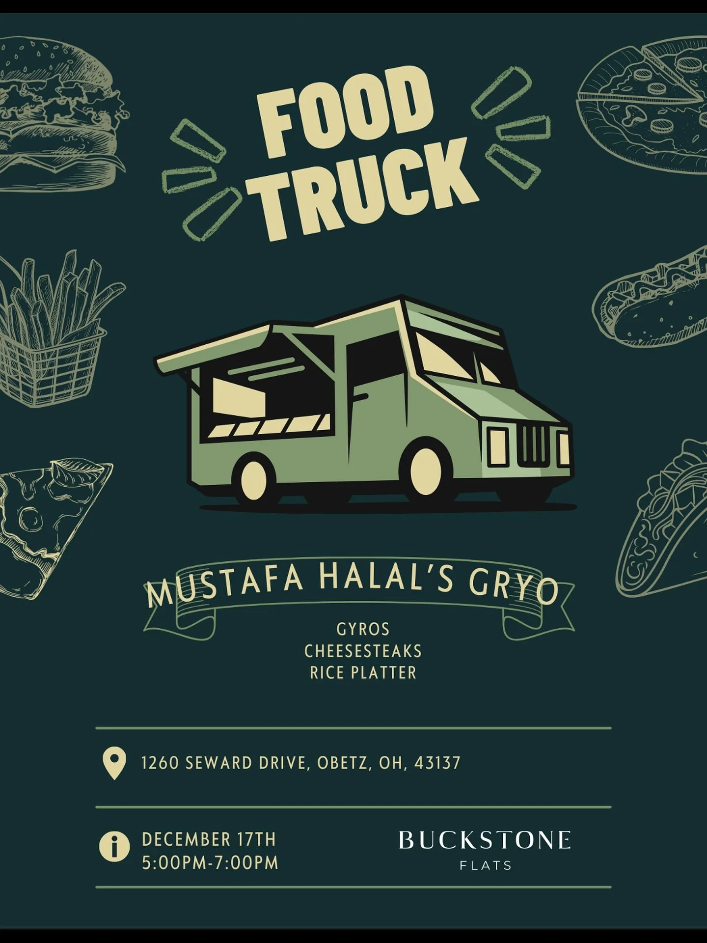 Mustafa Halal&rsquo;s Gyro Food Truck
The food truck will be here on December 17 from 5:00 PM to 7:00 PM!
Come enjoy delicious food&mdash;located right by the clubhouse. 🌯✨