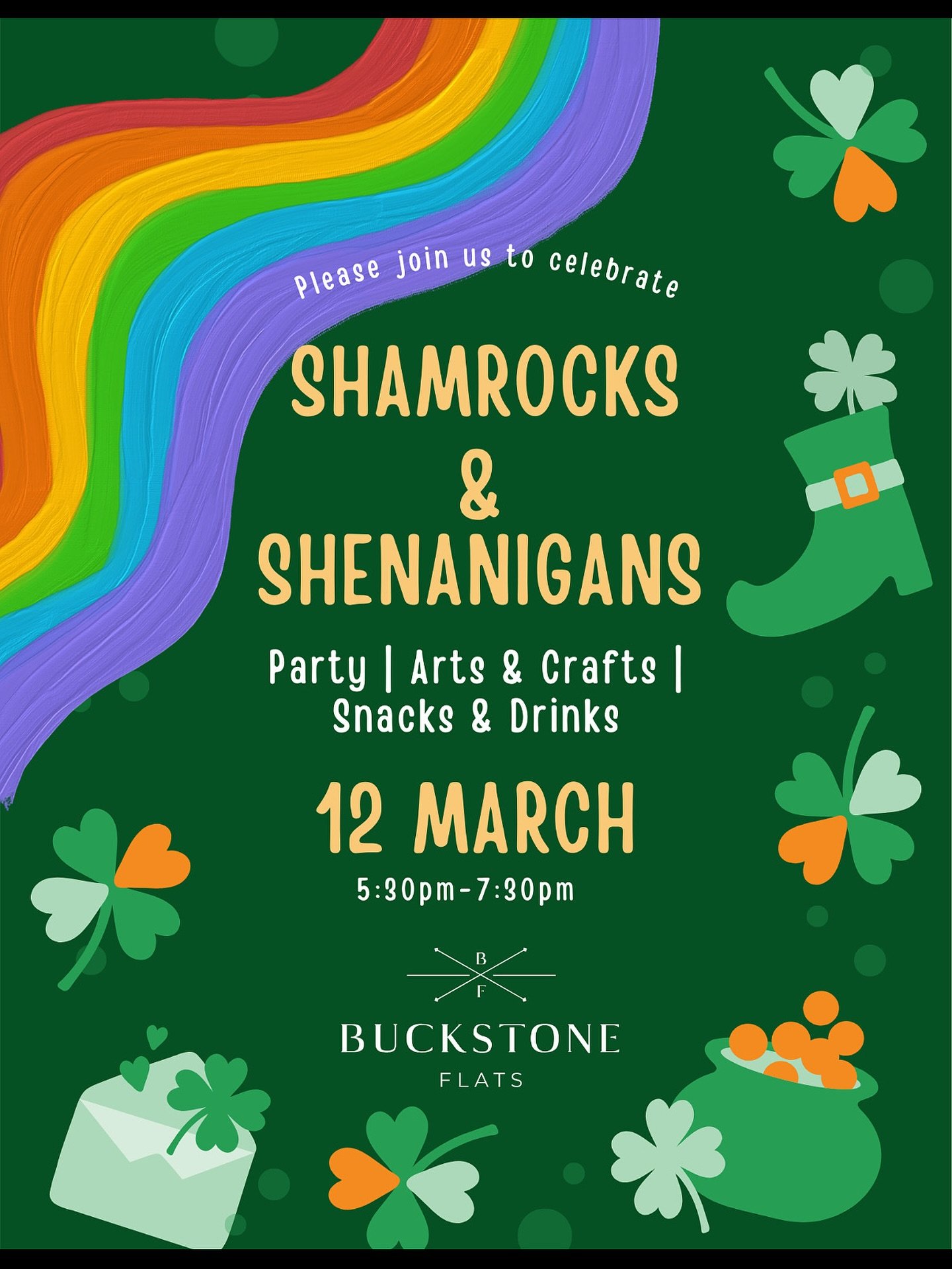 🌈🍀 Join us on March 12th from 5:30&ndash;7:30pm in the clubhouse for a lucky St. Patrick&rsquo;s Day celebration!
We&rsquo;ll have rainbow-themed snacks 🌈, festive drinks 🍹, fun crafts 🎨, and a sweet surprise waiting at the end of the rainbow 🍬