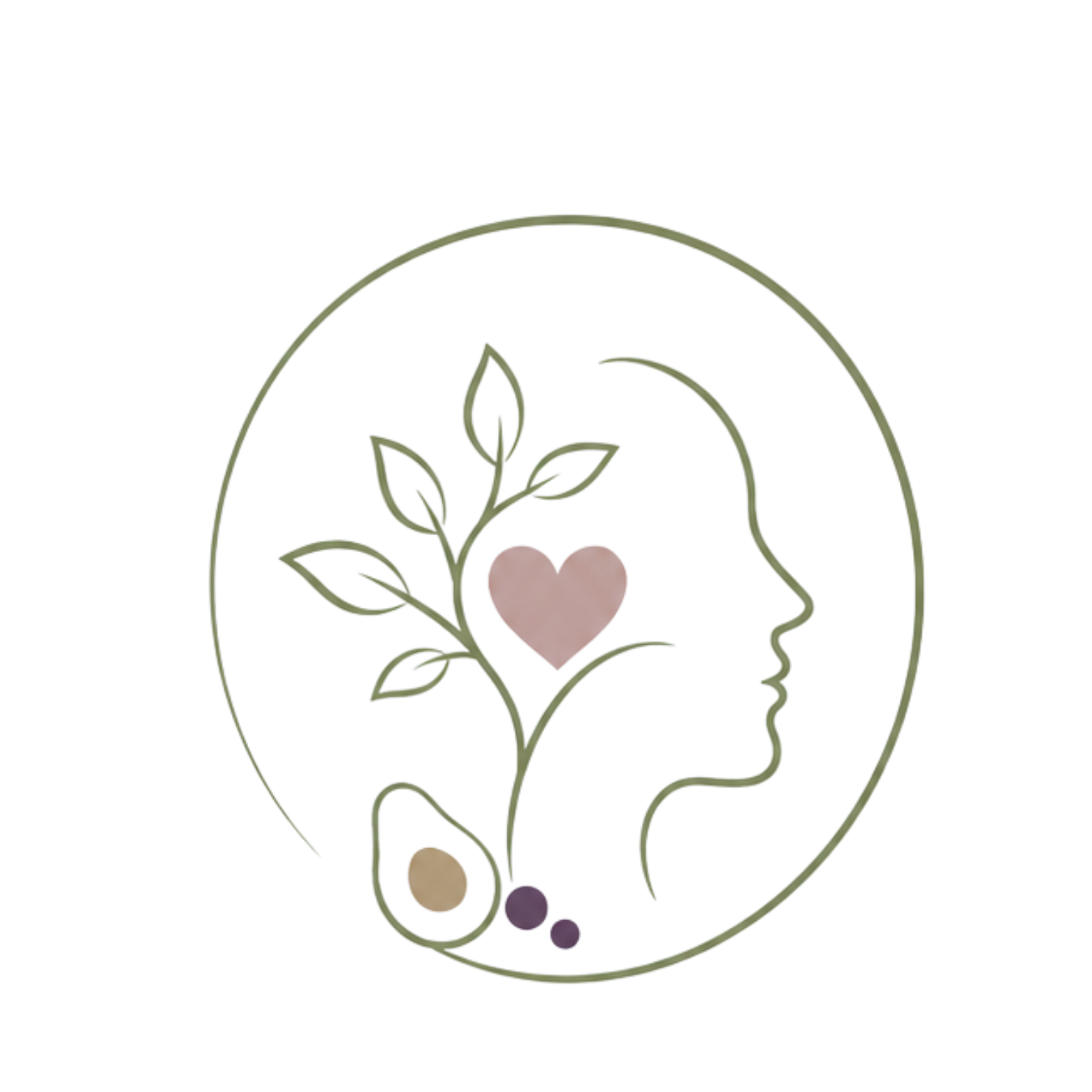 A minimalist line art illustration of a human head profile with a plant growing inside, featuring a pink heart at the center and various colored circles near the bottom.