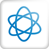 Icon of an atom with orbits and electrons, blue color on white background