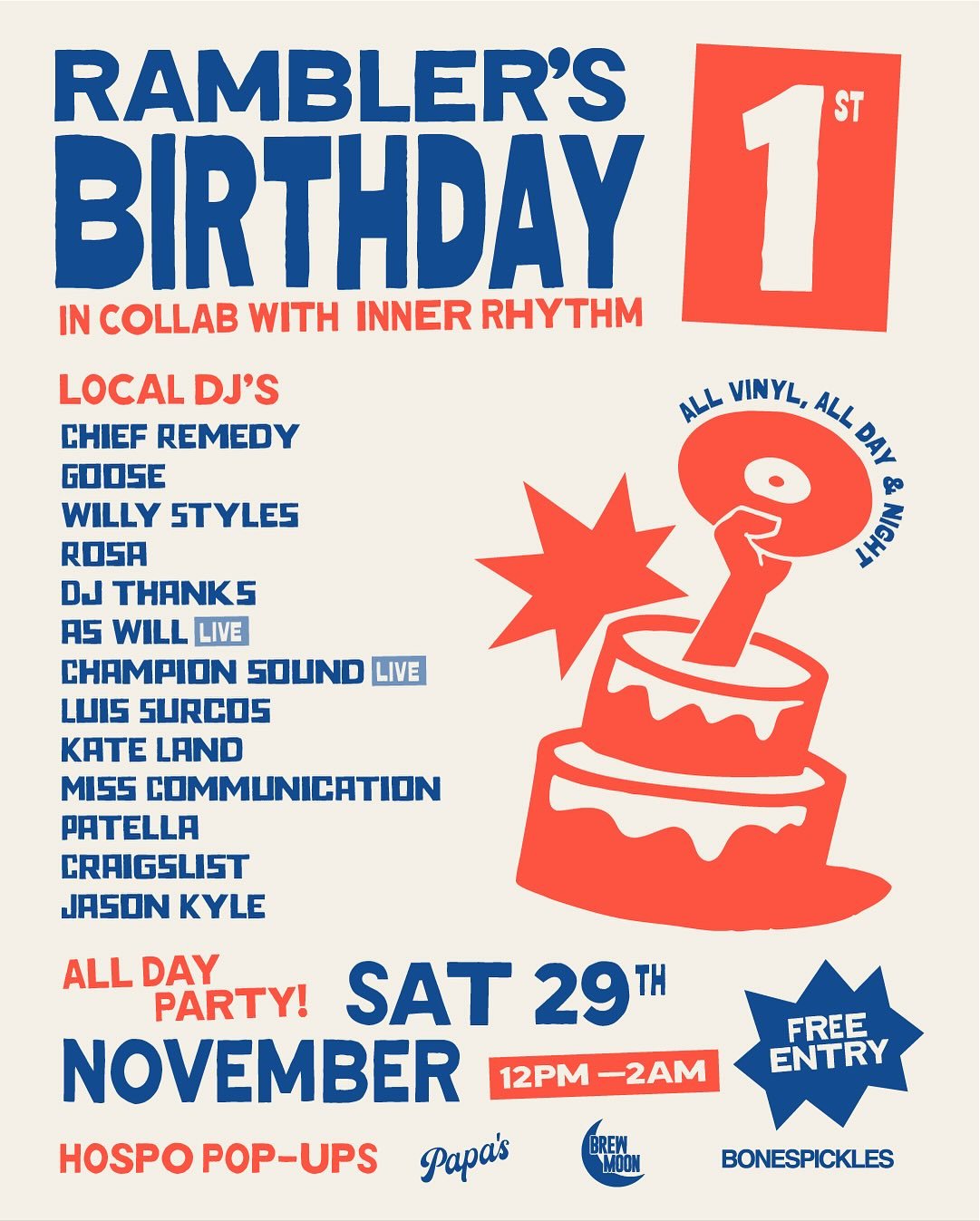 @papas.smashies @bonespickles @brewmoonbrewingco Are here to help us celebrate Ramblers 1st birthday! From 12pm - 2am our favourite local DJs providing the vibes to go from relaxing in the sun to up and dancing the night away!

Be sure to RSVP via th