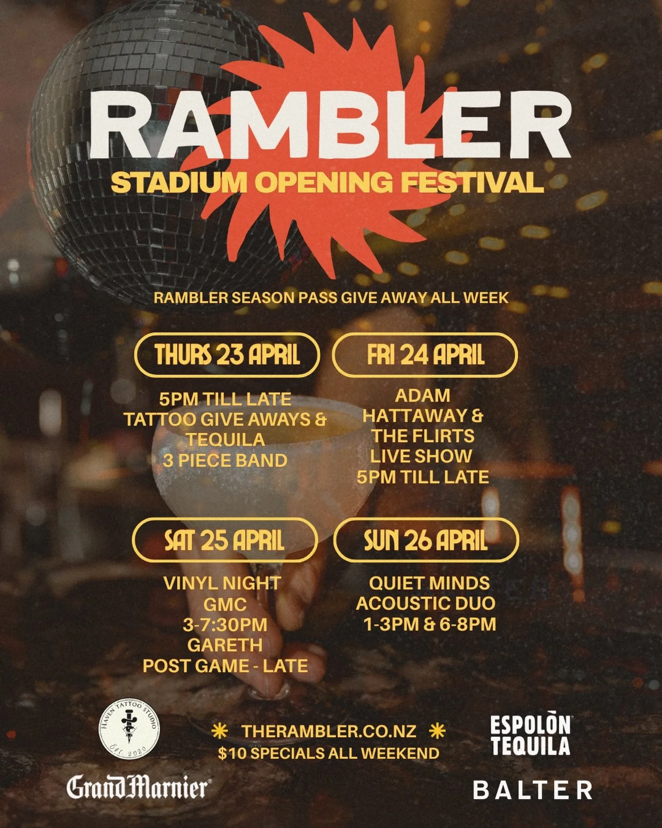 What better way to welcome the new stadium than with four days of music, drinks and good times at Rambler.
&nbsp;
23 - 26 April.&nbsp;
&nbsp;
Thurs: Tattoo giveaways, tequila and a 3 piece band&nbsp;
Fri: @adam_hattaway and The Flaunts live&nbsp;
Sat