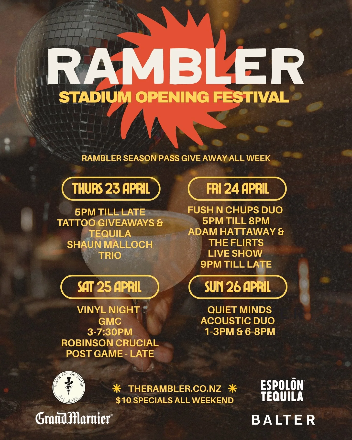 Our Stadium Opening Festival just got an upgrade!! 

What better way to welcome the new stadium than with four days of music, drinks and good times at Rambler.
&nbsp;
23 - 26 April.&nbsp;
&nbsp;
Thurs: Tattoo giveaways, tequila &amp; @shaunicusmaxamu