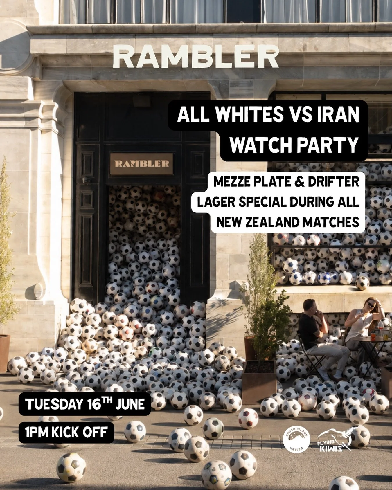 ALL WHITES WORLD CUP WATCH PARTY, NEW ZEALAND VS IRAN

Join us at Rambler as the All Whites return to the world stage for their biggest game in 16 years

Presented by the Southern Front and South Island United, alongside special guests from The Flyin