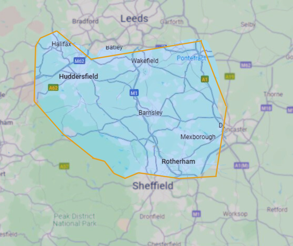 Map of Sheffield area with highlighted boundary, including cities like Sheffield, Doncaster, Rotherham, Barnsley, Huddersfield, with major roads and highways marked.