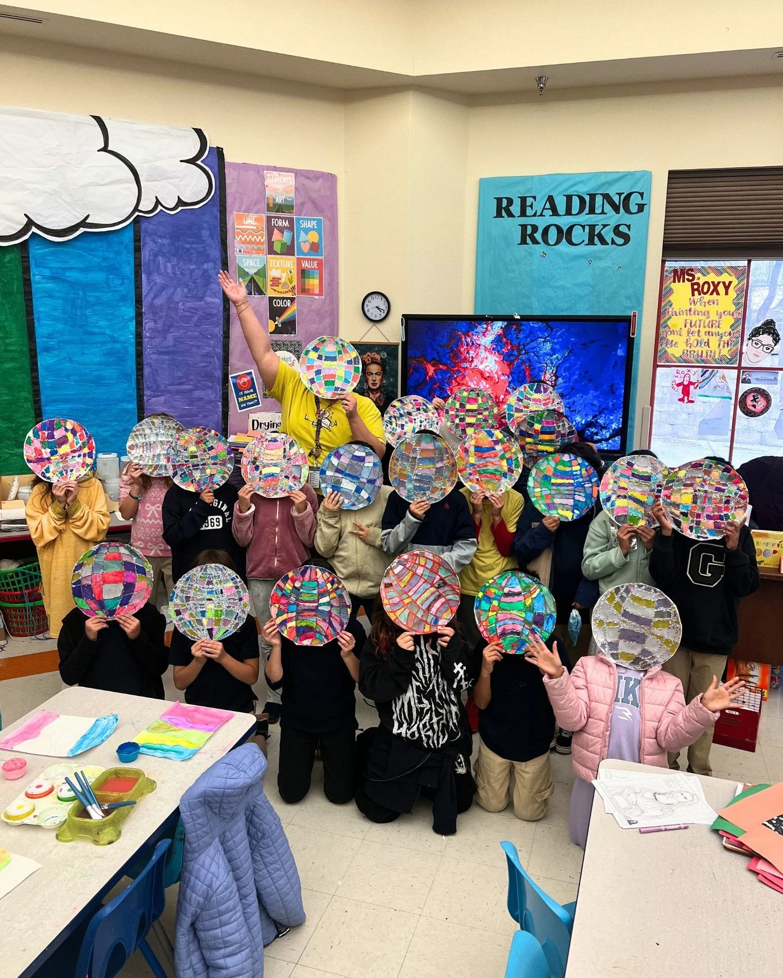 Our hallways are shining a little brighter.
We just put up our mini art mural featuring our 4th grade Art Club disco ball artwork, and it makes me smile every time I walk by. Watching students see their work displayed in the school is always such a s
