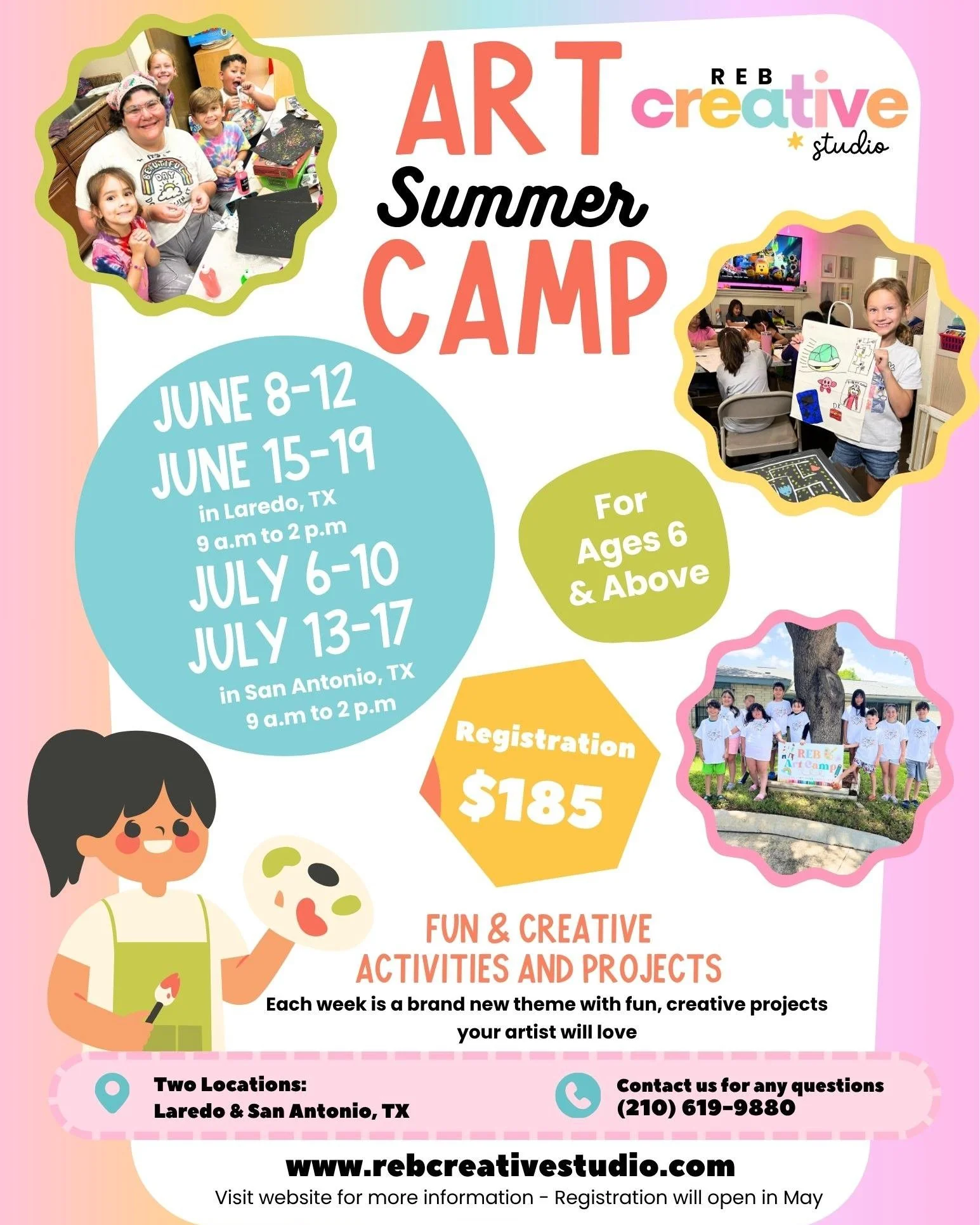 ✨ Summer Art Camp is back ✨ 
🎨 Each week is a brand new theme with fun, creative projects your artist will love
🧑🏽&zwj;🎨 Spots are limited for San Antonio since we are back in our cozy home studio
✏️ Camp includes all art supplies, daily snacks, 
