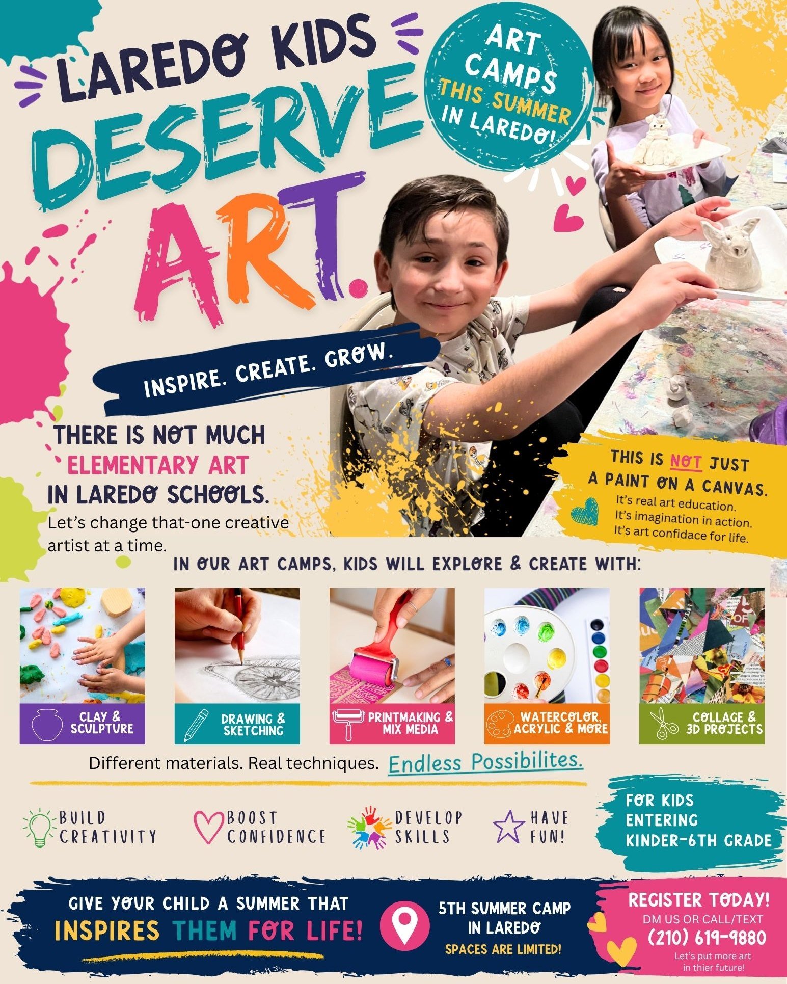 Laredo Kids Deserve Art This Summer 🎨
There is not much elementary art offered in many Laredo schools, and we want to help change that through creativity, imagination, and real art education.
Our summer art camps are more than just painting on a can
