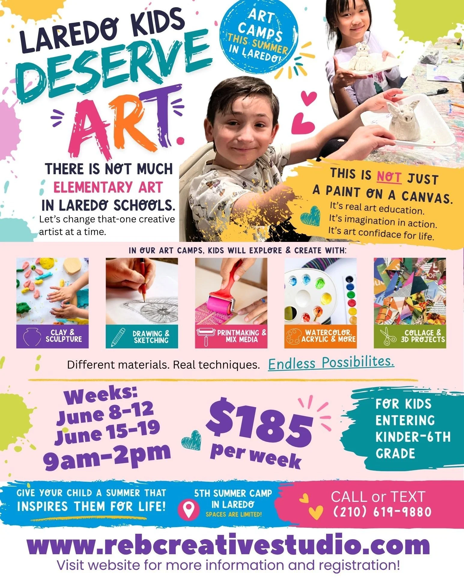 Laredo Kids Deserve Art This Summer 🎨
There is not much elementary art offered in many Laredo schools, and we want to help change that through creativity, imagination, and real art education.
Our summer art camps are more than just painting on a can