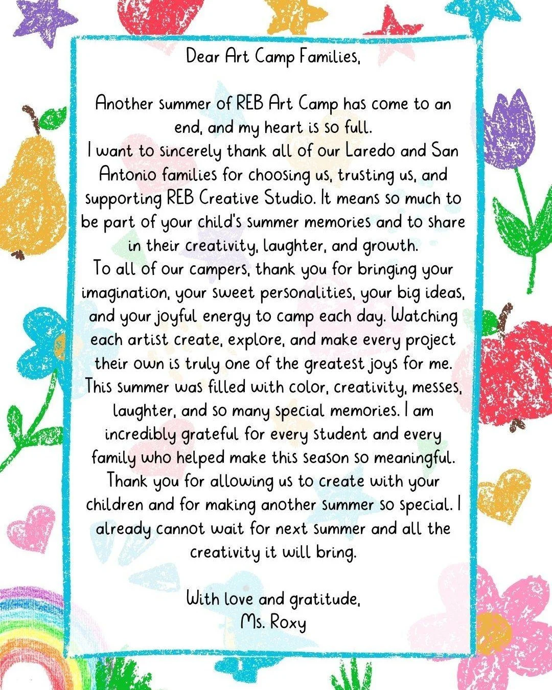 A little note from my heart. 💛
Thank you to every Laredo and San Antonio family who supported REB Art Camp this summer. Your trust, kindness, and encouragement mean so much to me.
I am so grateful for another creative summer with our amazing artists