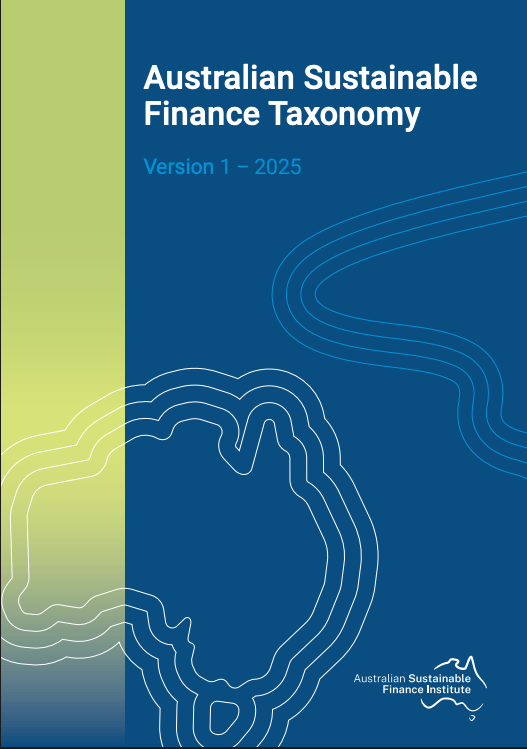 Cover page of the Australian Sustainable Finance Taxonomy, Version 1 – 2025, published by the Australian Sustainable Finance Institute with a blue background, green stripe on the left, and abstract white lines outlining a continent shape.