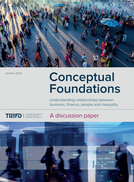 Cover of a publication titled "Conceptual Foundations" showing a crowded outdoor scene with people walking, and a cityscape with tall buildings symbols at night in the background.