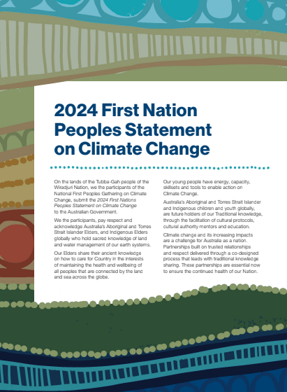 Cover page of the 2024 First Nation Peoples Statement on Climate Change, featuring green, blue, and teal colors with stylized natural landscape and newspaper pattern elements.