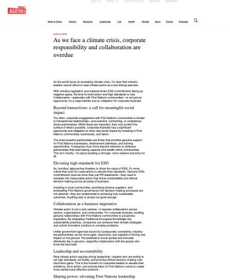 Screenshot of an online news article titled "As we face a climate crisis, corporate responsibility and collaboration are overdue," focusing on climate change, corporate responsibility, and sustainable business practices.