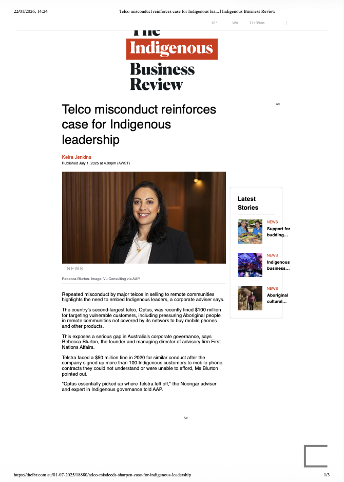 Screenshot of an online news article headlined "Telco misconduct reinforces case for Indigenous leadership" from The Indigenous Business Review, published July 1, 2025. The article features a photo of a woman in a black blazer smiling, with text discussing misconduct by major telecommunications companies targeting Indigenous communities.