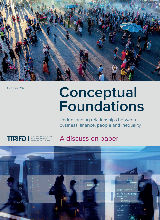 Cover of a publication titled "Conceptual Foundations" showing a crowded outdoor scene with people walking, and a cityscape with tall buildings symbols at night in the background.