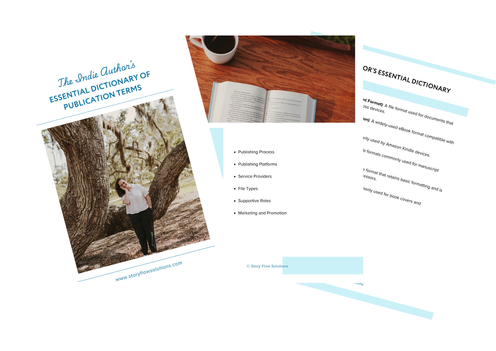 Brochure for author’s essential dictionary with a cover photo of a laptop, hand, coffee mug, and flowers on a wooden table outdoors; interior page introducing Olivia with text and images of her working outdoors and an open book.