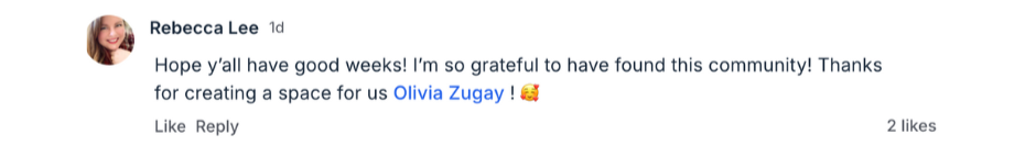 Screenshot of a social media post by Rebecca Lee expressing gratitude for the community and mentioning Olivia Zugay.