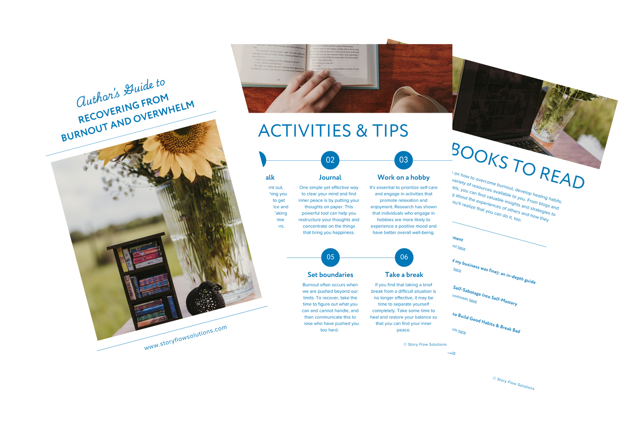 Collection of six magazine or brochure pages about burnout recovery, featuring images of books, a laptop, flowers, and a person reading, with headings and text on activities, tips, and recommended books.