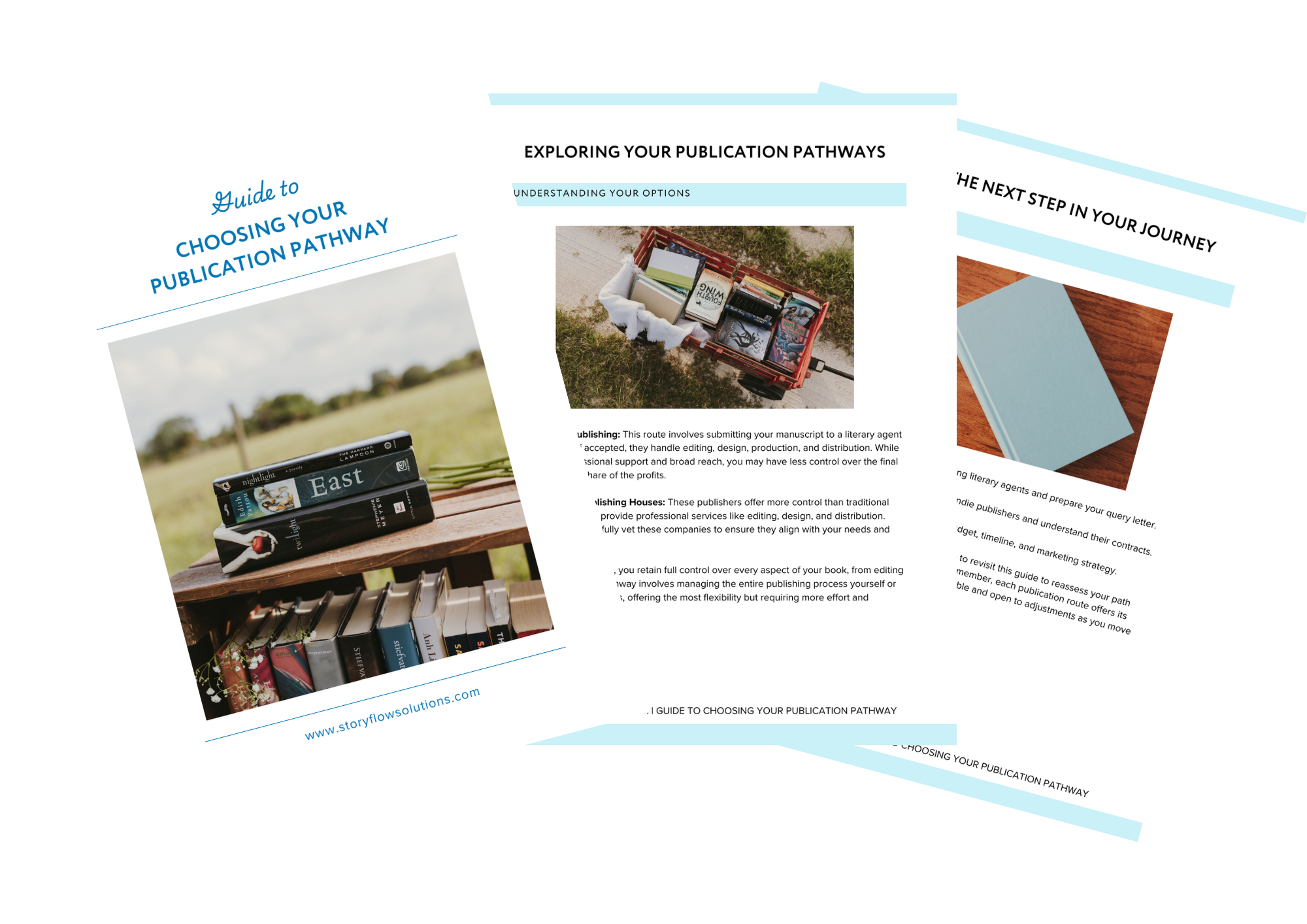 Three overlapping pages of a publication or brochure about choosing a publication pathway, featuring a blue cover with a person sitting in a field with a bookshelf, and images of books