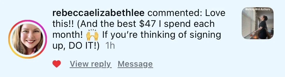 Screenshot of a social media comment and profile pictures. The comment by rebeccaelizabethlee includes a positive message and emojis. One profile picture shows a smiling woman with blonde hair, and the other shows a woman standing next to a window.