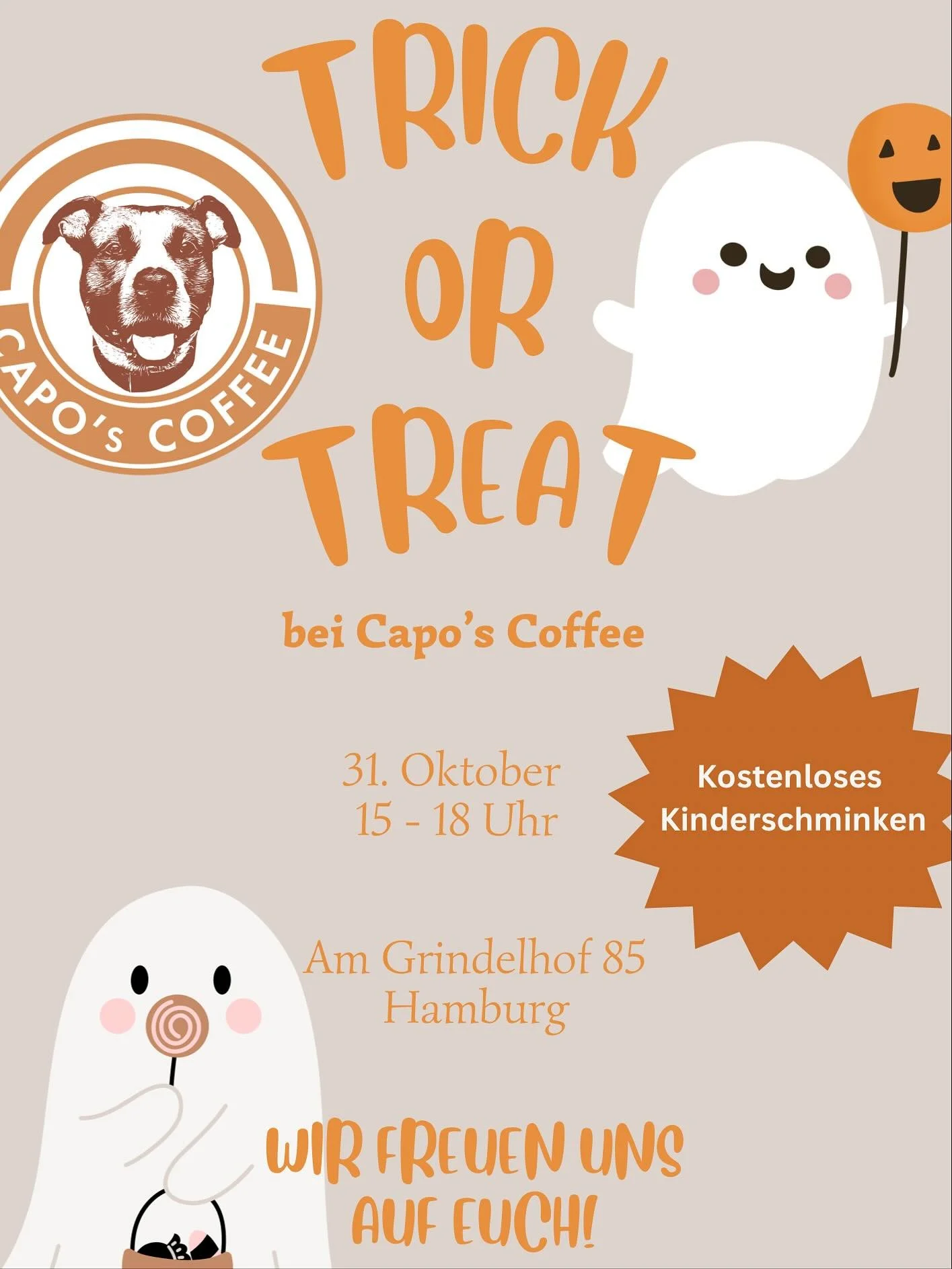 🎃 Halloween steht vor der Tür! 👻
Am Grindelhof 85 warten wir mit Kinderschminken, Süßem & jeder Menge Herbststimmung auf euch – während die Kids sich verwandeln, können die Großen entspannt ihren Kaffee gen