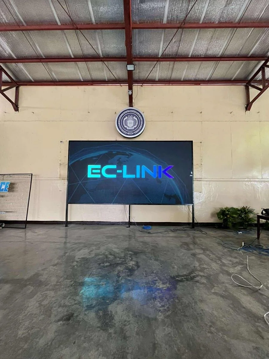 A large flat screen monitor displaying the text 'EC-LINK' with a globe graphic in the background, positioned in a room with a plain wall, a potted plant in the corner, and exposed ceiling beams.