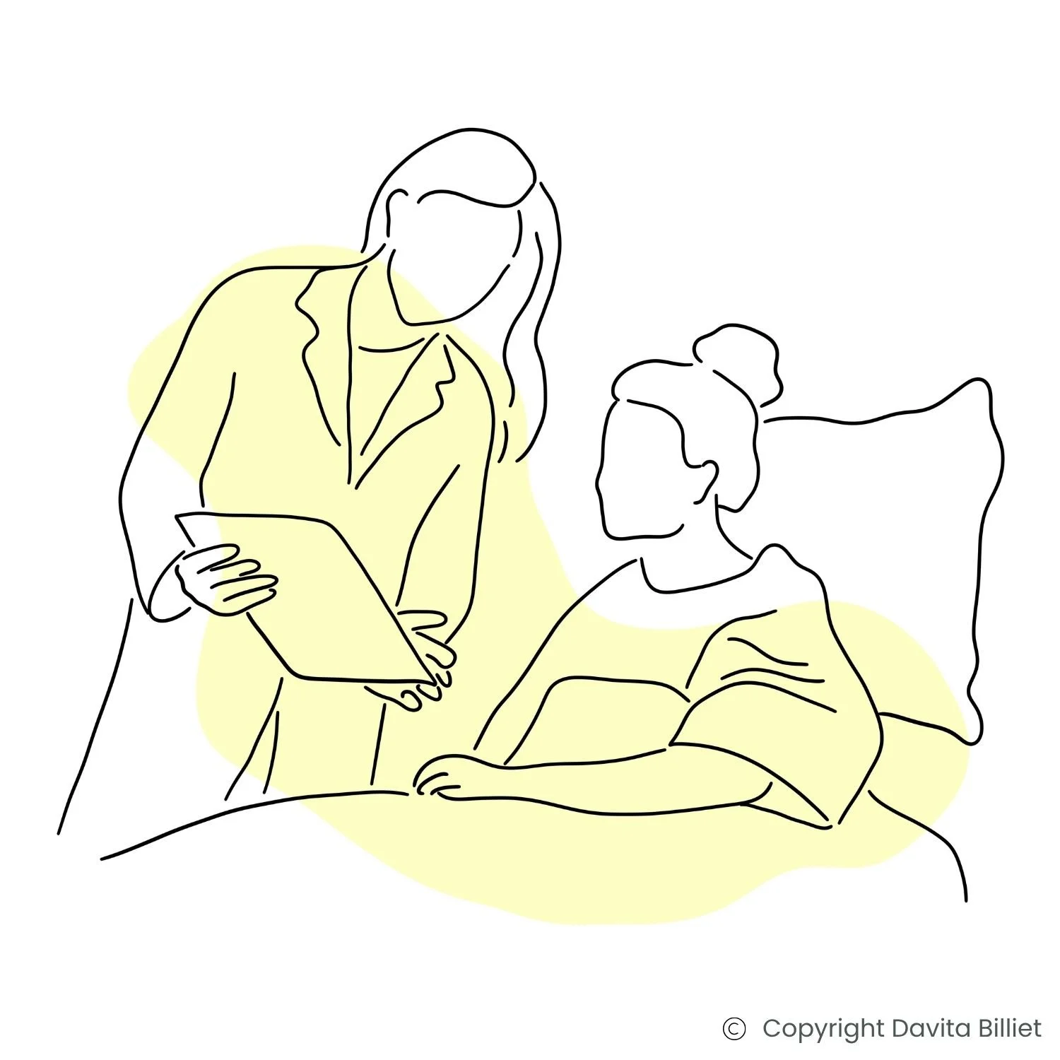 Illustration einer Ärztin, die die Ergebnisse einer Bauchspiegelung mit einer Patientin im Krankenhausbett bespricht.