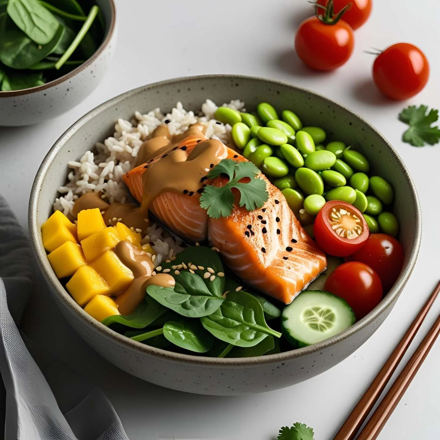 Poké Bowl mit Lachs oder Tofu und Erdnusssauce: Bunt, einfach und gesund