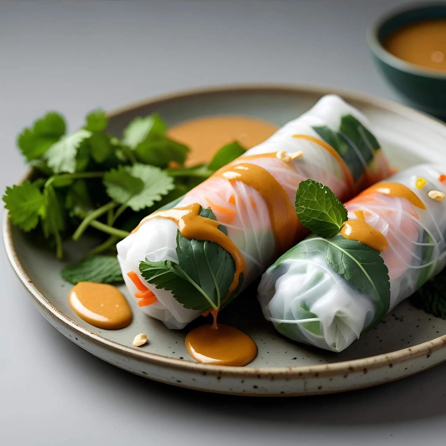 Vegane Sommerrollen mit Mandel-Nuss-Tofu, Gemüse und Erdnusssauce