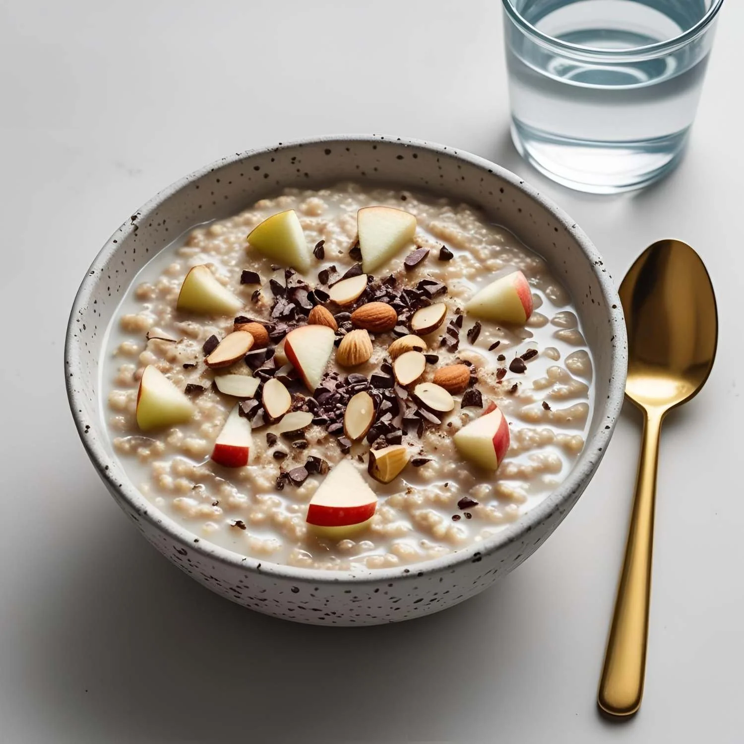 Haferbrei mit Apfel, Mandeln und Kakaonibs