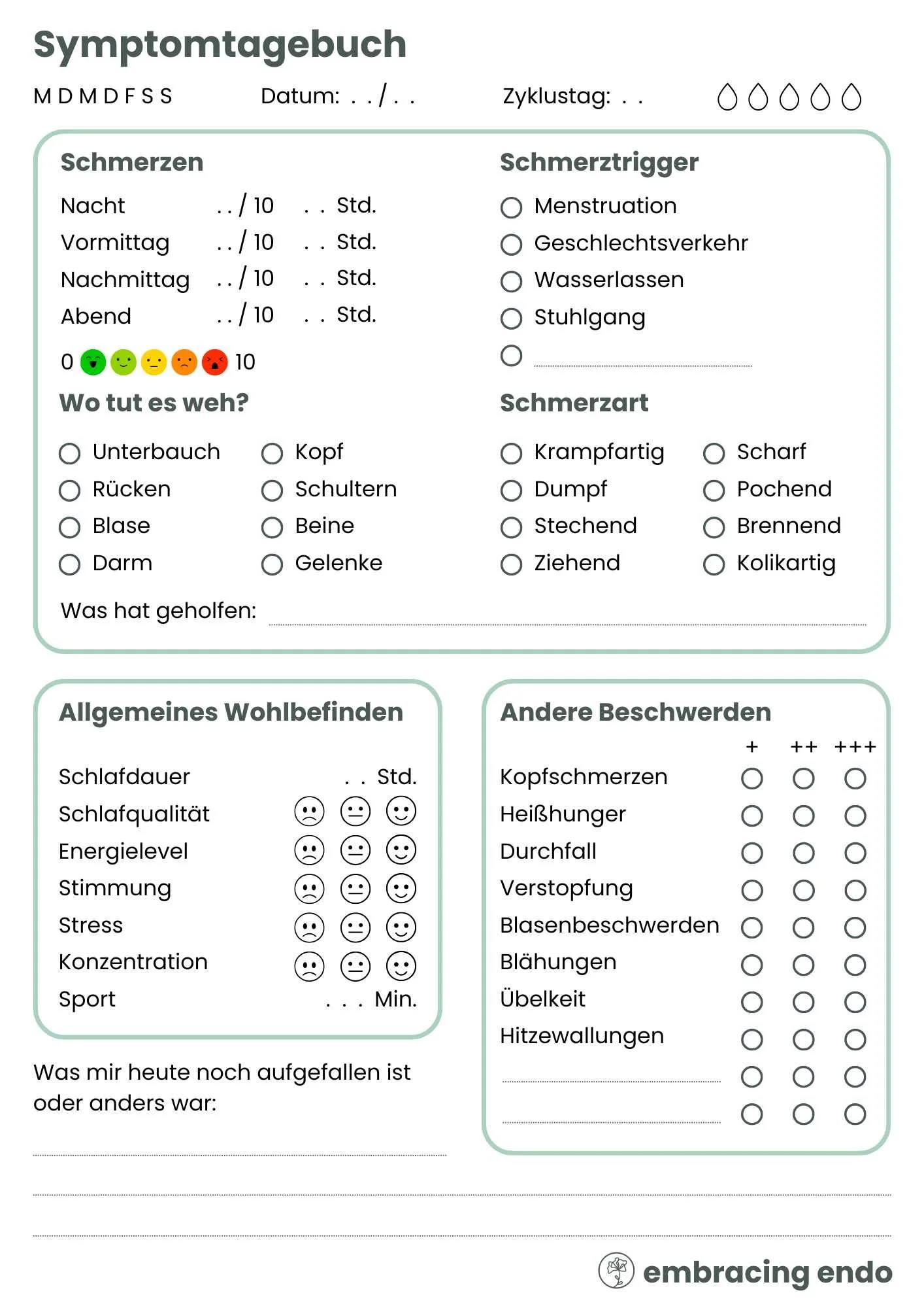 Vorschau eines gratis herunterladbaren Symptomtagebuchs für Endometriose
