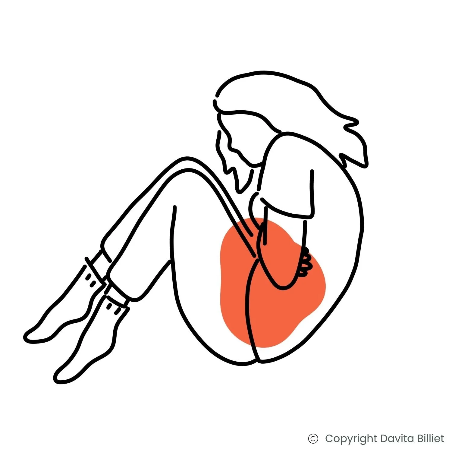 Ein Mädchen, das sich vor Menstruationskrämpfen zusammenrollt.